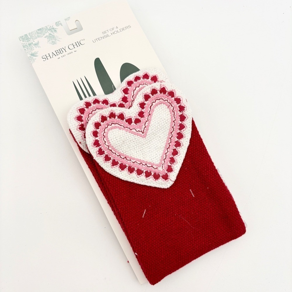 Shabby‎ Chic Set of 4 Valentines Heart Utensil Holders Red Embroidered Fabric